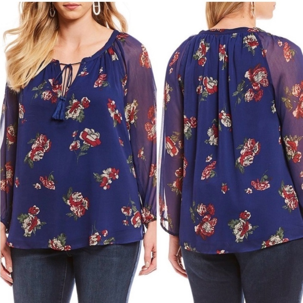 Lucky Brand Blue Chiffon Red Rose Floral Peasant V Neck Boho Blouse Size XS - Picture 3 of 11